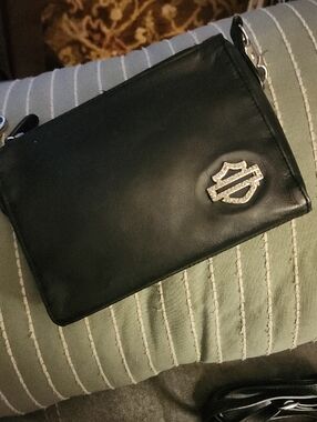 Harley-Davidson Black Leather Clutch with Silver Shield Accent
